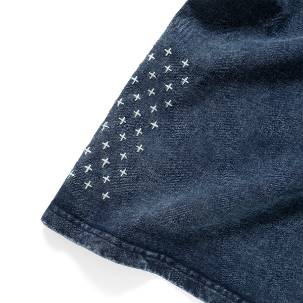 (TP1601) Indigo Washed Sashiko Crop Sleeve Tee
