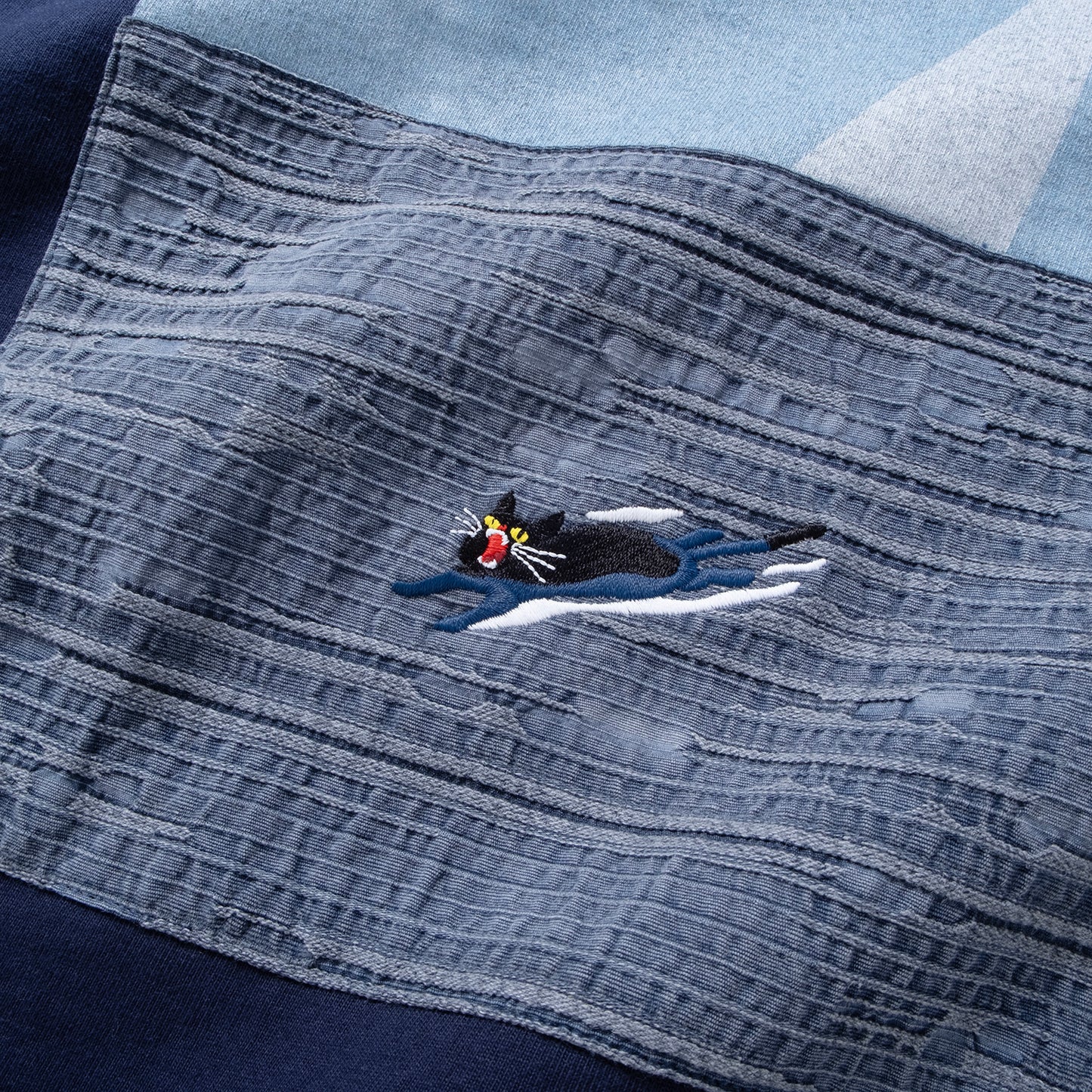 (ZT1686) Swimming Cat Patchwork Pocket Tee