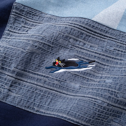 (ZT1686) Swimming Cat Patchwork Pocket Tee