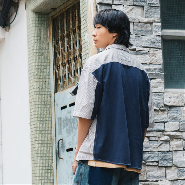 (ST452) Stripe Contrast Short Sleeve Shirt