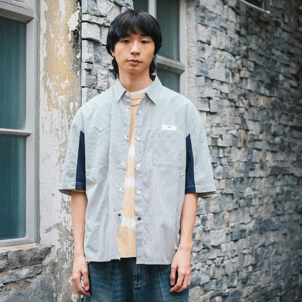 (ST452) Stripe Contrast Short Sleeve Shirt