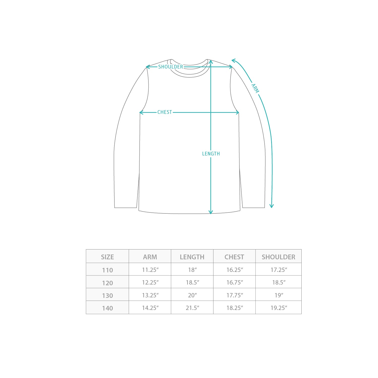 (EX606) Kids Kasa Graphic Long Sleeve Tee Size Chart