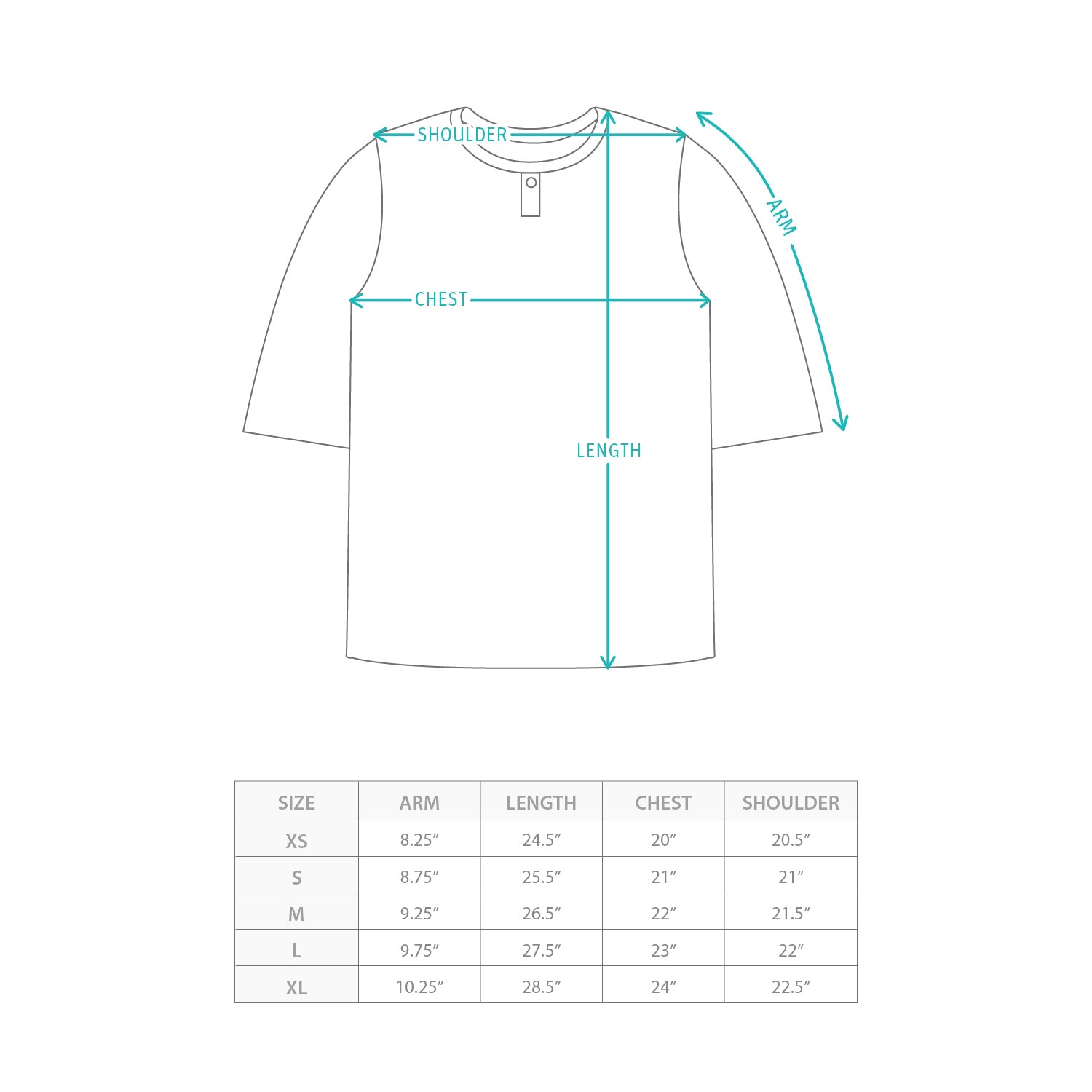 (TP1836) Washed Henley Neck Tee Size Chart