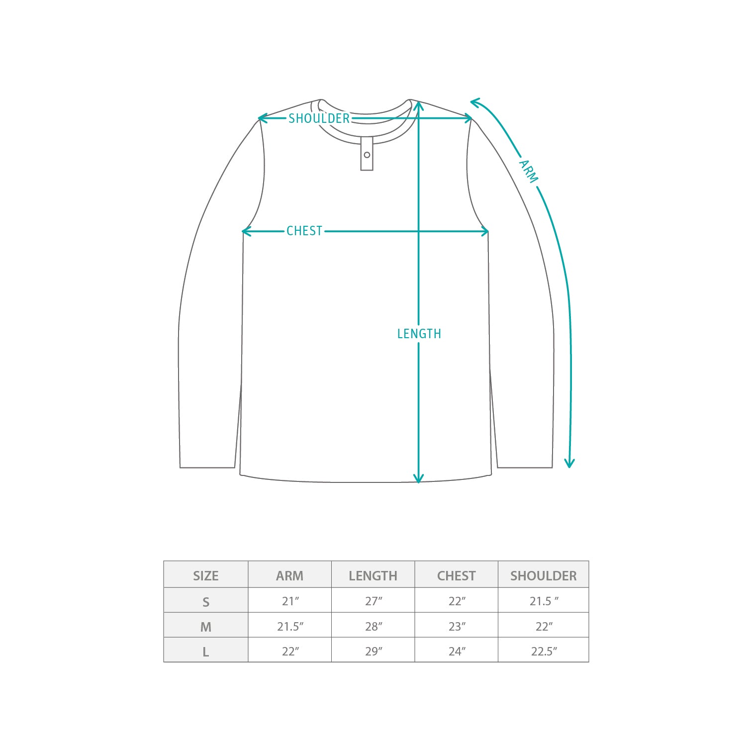 (ZT1617) Henley Neck Long Sleeve Tee (Online Exclusive) Size Chart