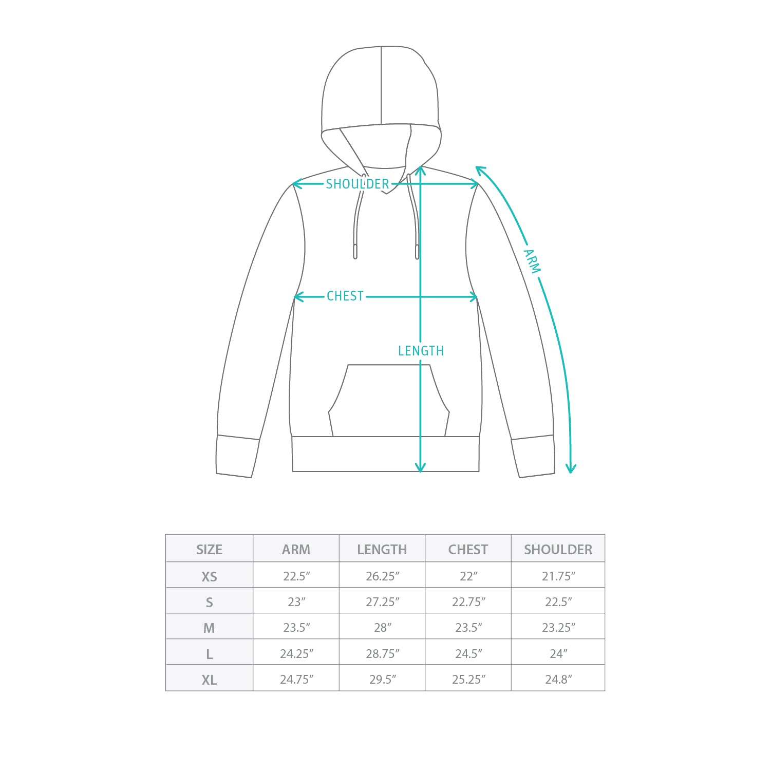 (YW558) Basic Hoodie Size Chart