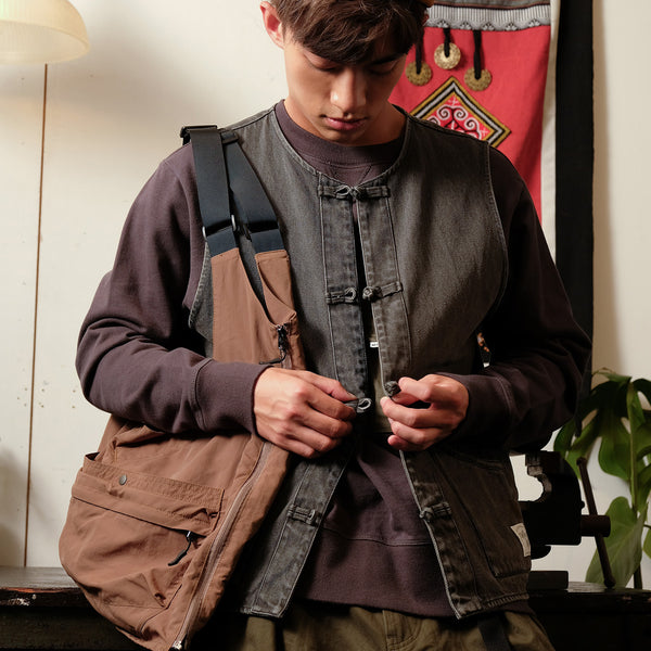 (JK272) Black Denim Mandarin Vest