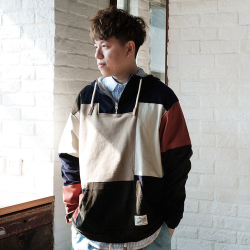 (SW329) Corduroy Patchwork Hooded Pullover