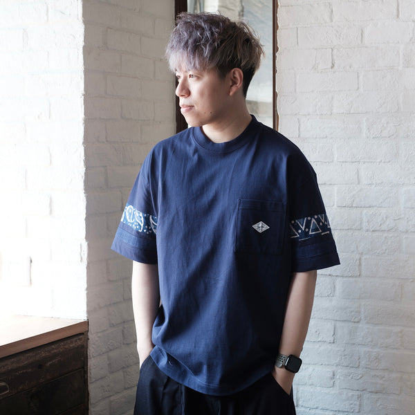 (ZT1014) Indigo Pattern Sleeve Trim Tee