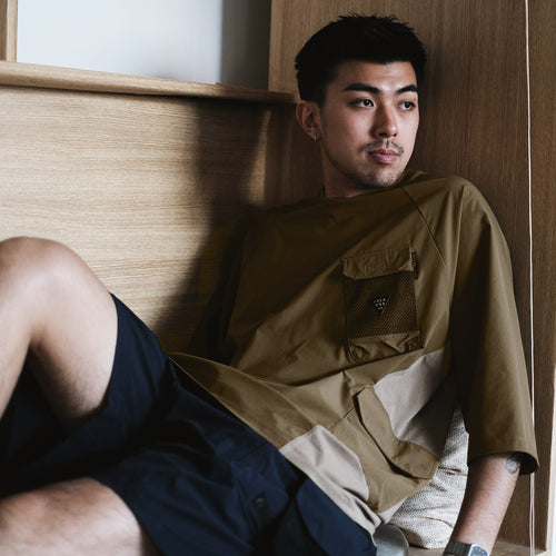 (TP593) Contrast Cropped Sleeve Tech Tee