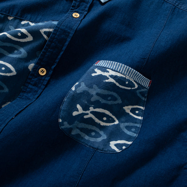 (ST266) Indigo Pattern Patchwork Shirt